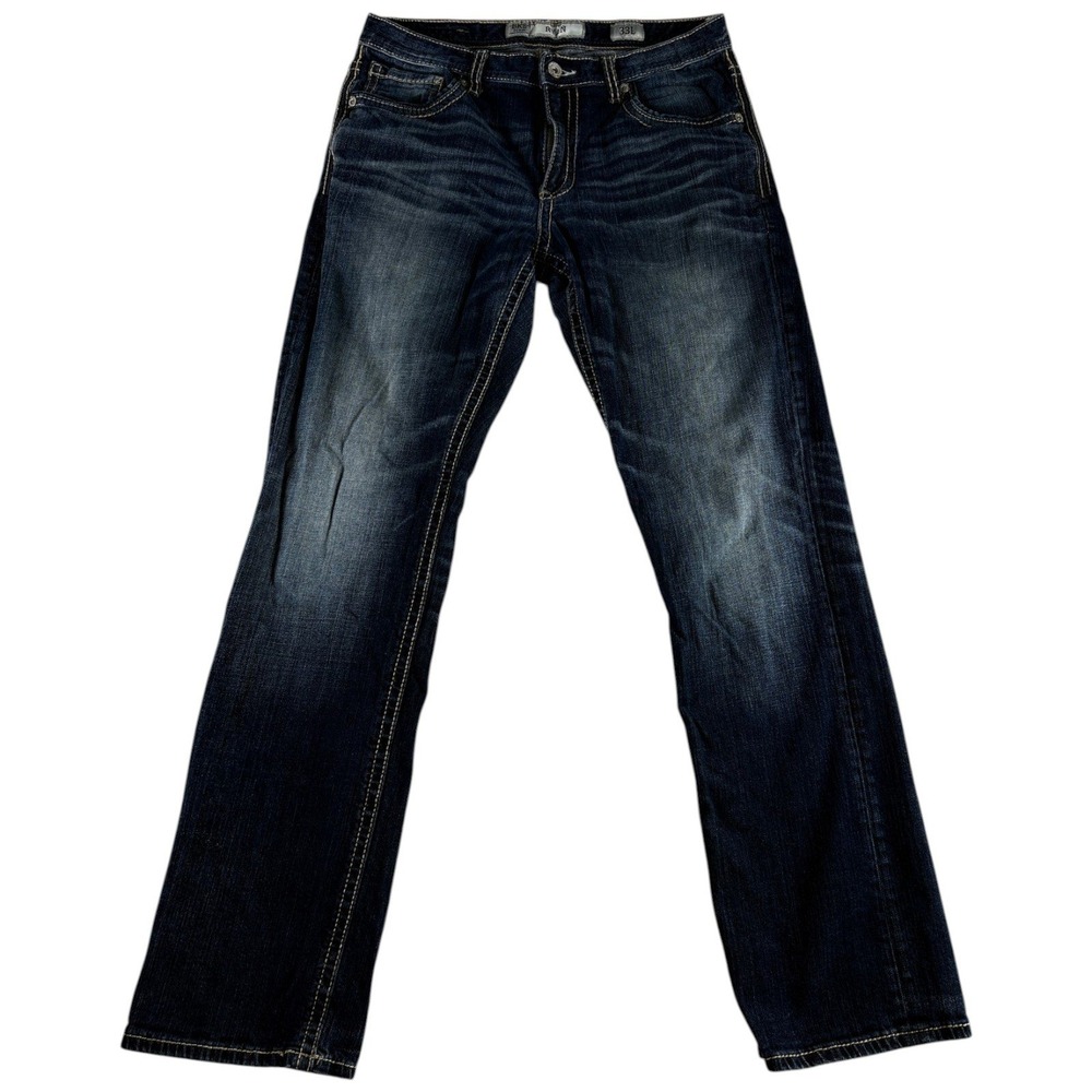 Buckle BKE Ryan Jeans Mens 33L Blue Whiskering Denim Cotton Stretch Straight Leg